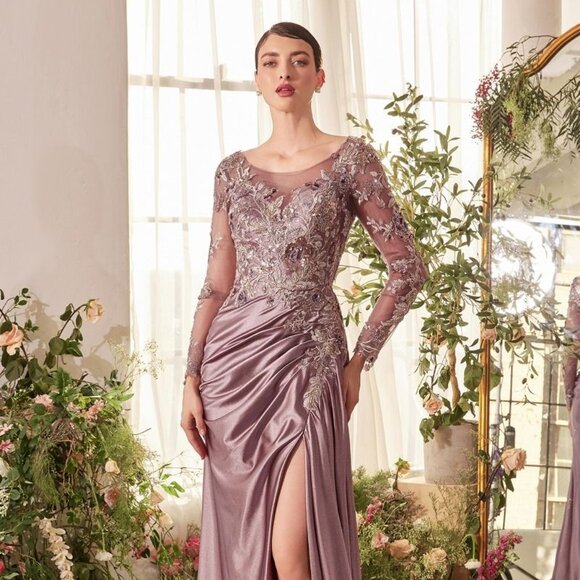 New Sheath Satin Mother Of The Bride Gown w/ Long Sleeves & Floral Lace CD A1403 - Picture 1 of 17